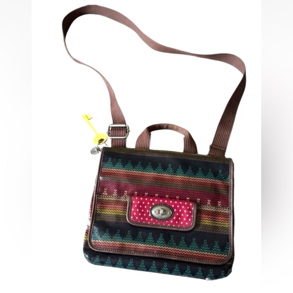 Fossil Key Per Coated Canvas Leather Trim Crossbody Messenger Bag Key charm - Picture 1 of 16